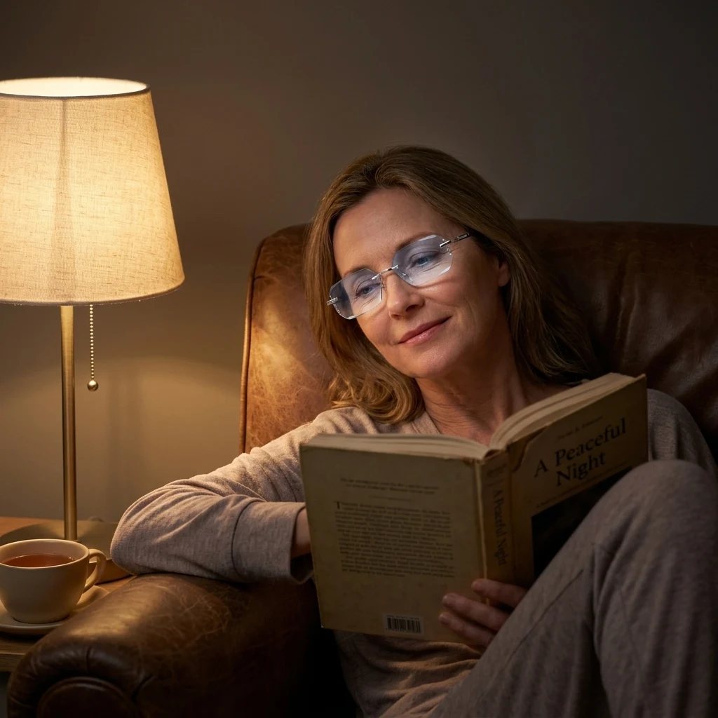 Woman reading a book by lamplight wearing BlueLume glasses